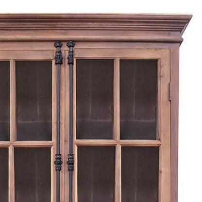 88 Inch Tall Cabinet, 4 Glass Panel French Doors, Crown Molding, Brown