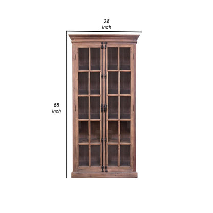 88 Inch Tall Cabinet, 4 Glass Panel French Doors, Crown Molding, Brown