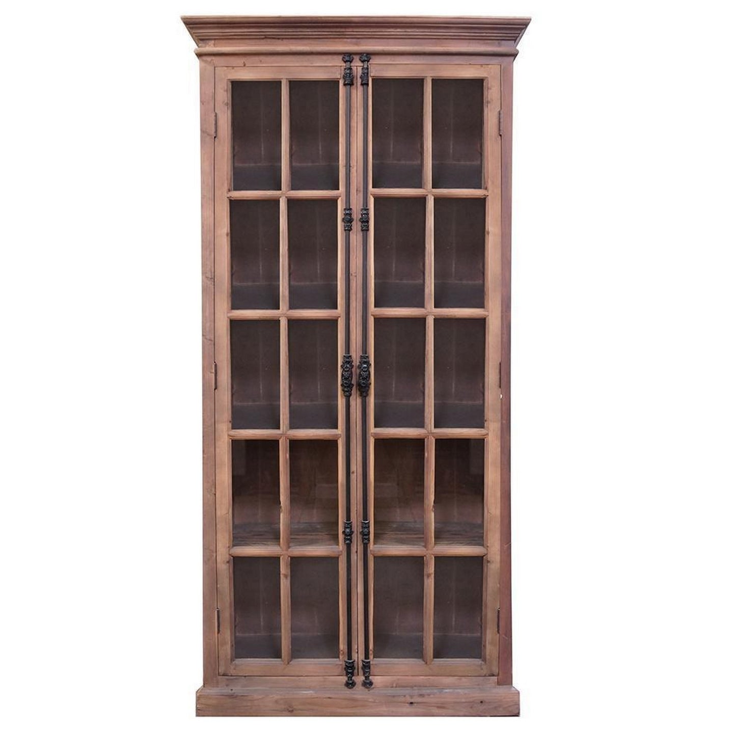 88 Inch Tall Cabinet, 4 Glass Panel French Doors, Crown Molding, Brown