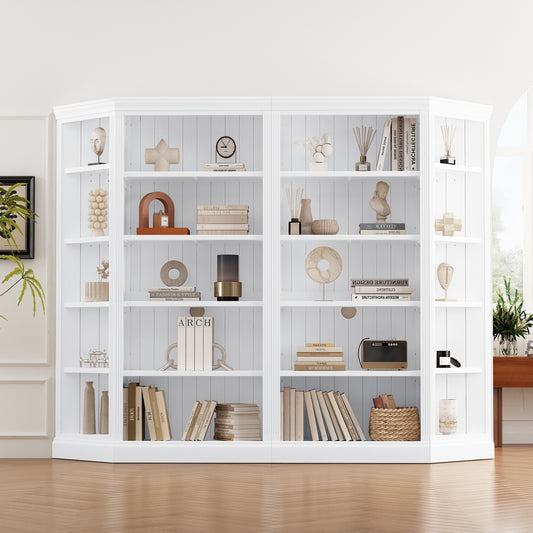 83.4" Tall Two Wood Bookcase with Two Corner Shelf Suite,5-Tier Home Decor Bookshelves Suite with Adjustable Storage Shelves,Free Standing Storage Shelves Suite for Living Room,Home Office,White