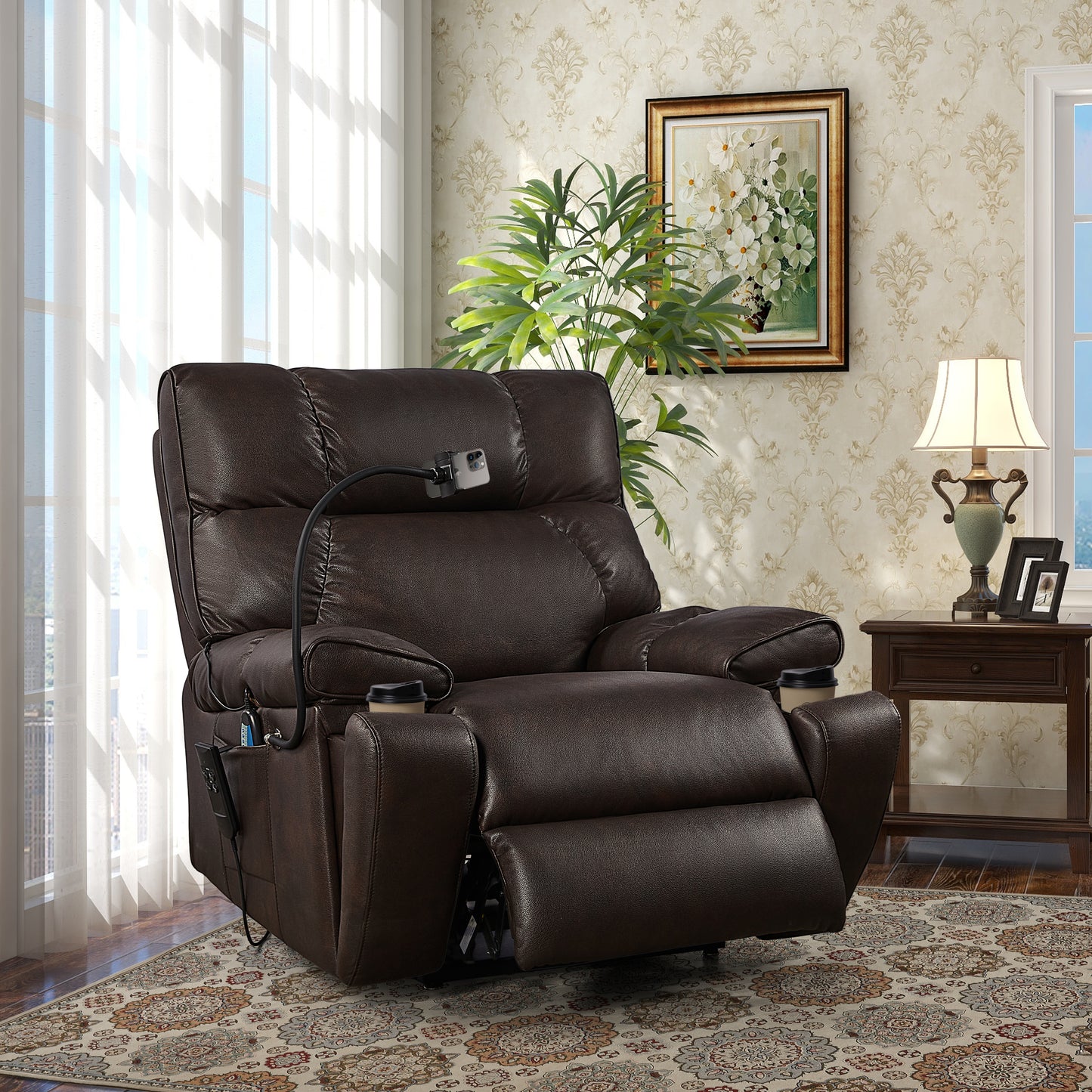 Recliner Chair with Phone Holder,Electric Power Lift Recliner Chair with 2 Motors Massage and Heat for Elderly, 3 Positions, 2 Side Pockets, Cup Holders