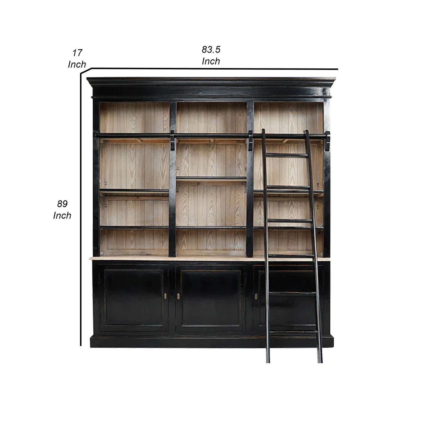 89 Inch Bookcase with Sliding Ladder, 3 Doors, 4 Adjustable Shelves, Black