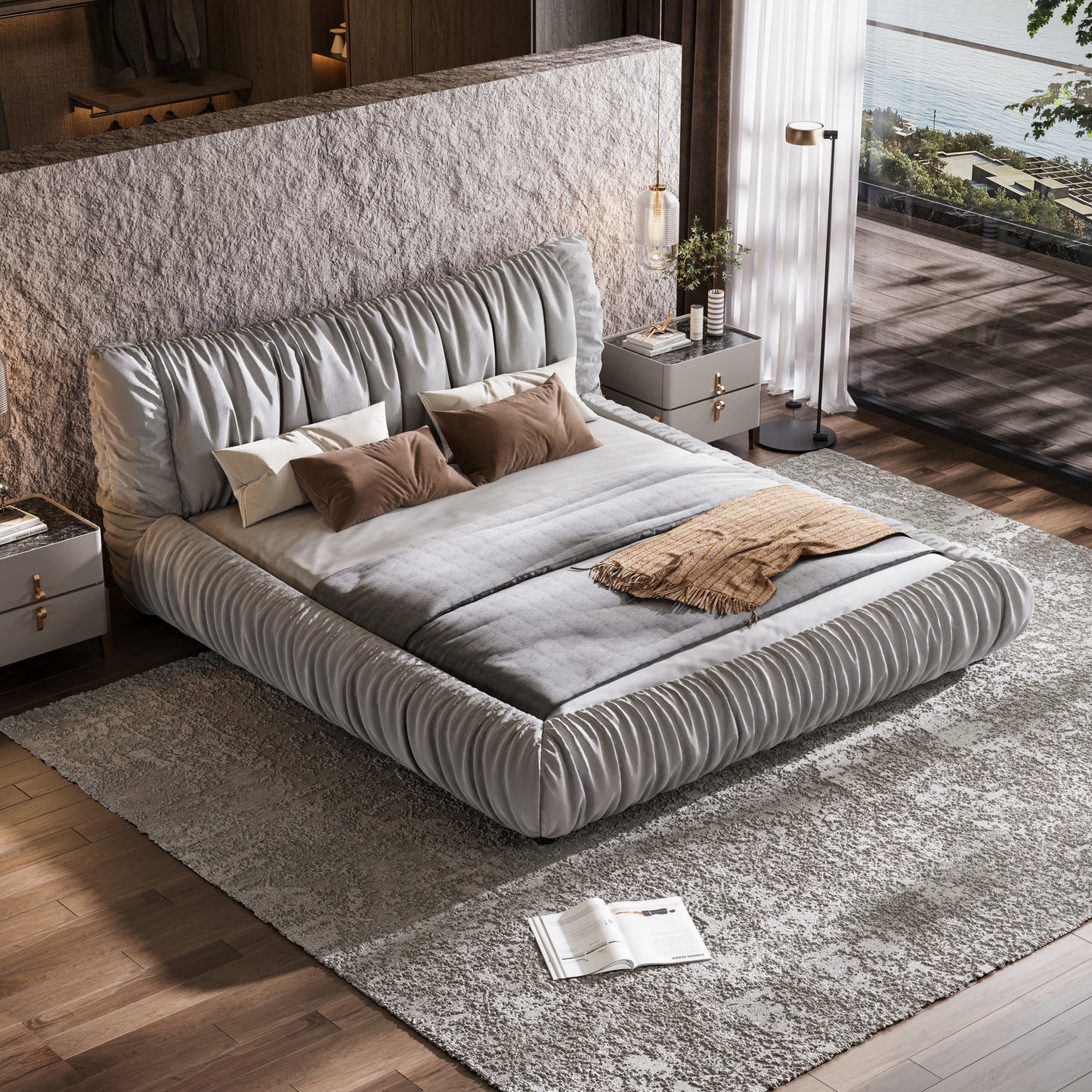 King Size Luxury Upholstered Platform Bed with Removable Cushion and Solid Wood Frame,suitable for Multiple heights of mattresses,LIGHT GREY